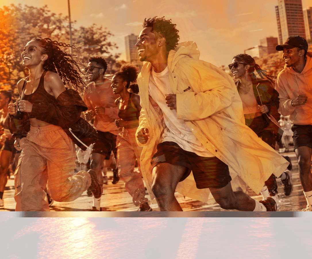 A group of friends running together through the city at sunset